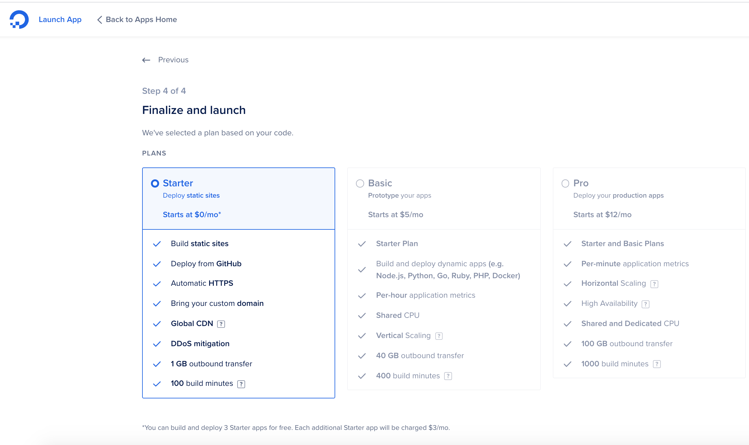 App Platform page for selecting payment plan